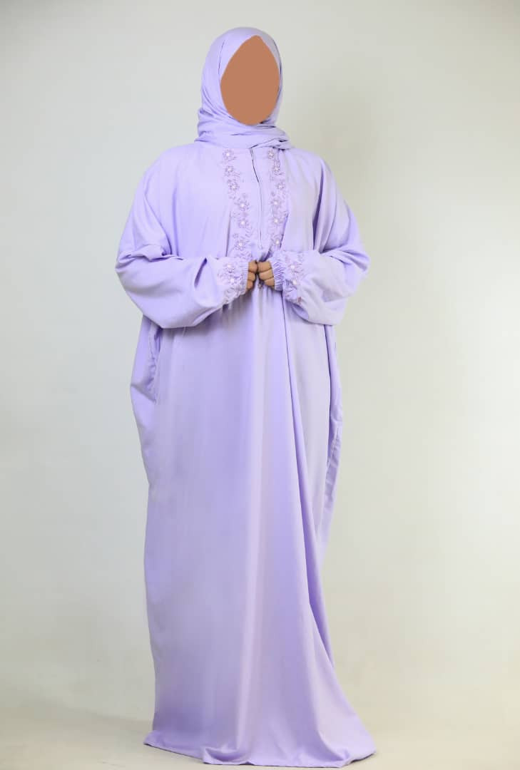 Prayer abaya with head scarf and rose embroidery on neck and sleeve - Hover