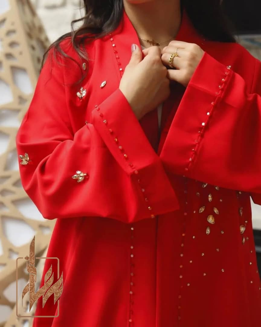 Bright red long abaya with strass